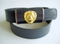 Navy keeper belt with lion trim.